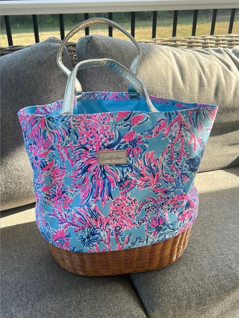 Lilly Pulitzer Pink & Blue Canvas Tote with Wicker Base